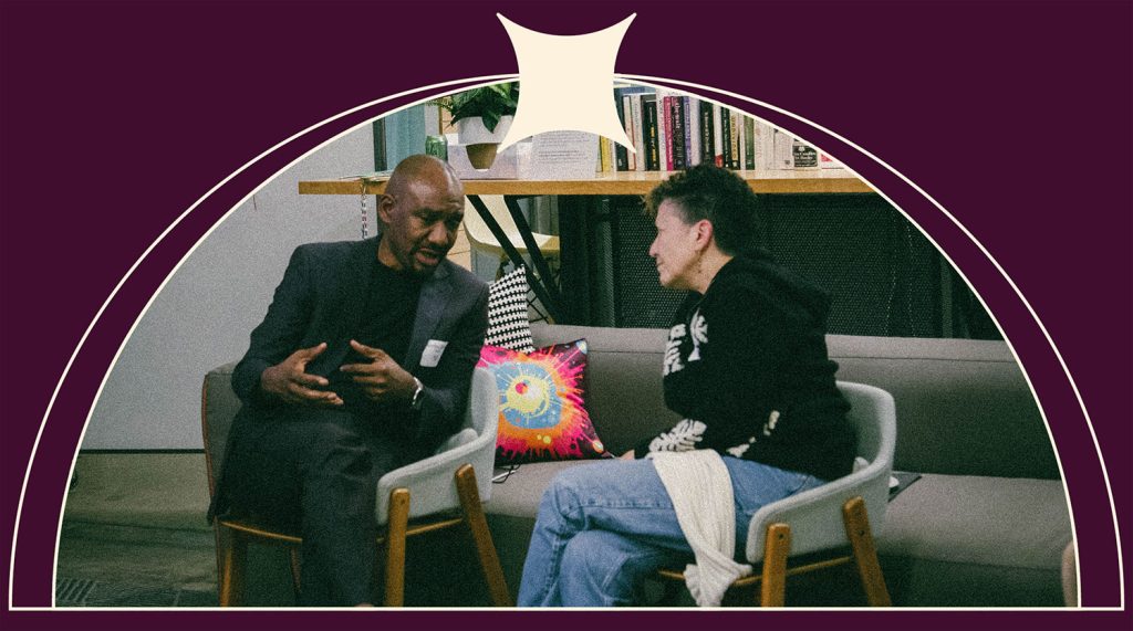 Two people hold a conversation